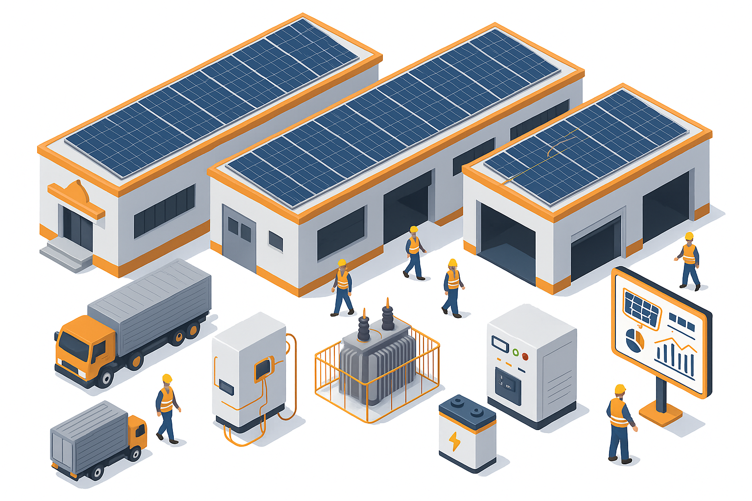 Industrial solar panels on a factory roof